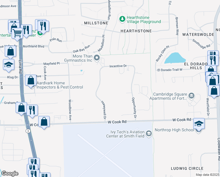 map of restaurants, bars, coffee shops, grocery stores, and more near 7808 Honeywell Drive in Fort Wayne