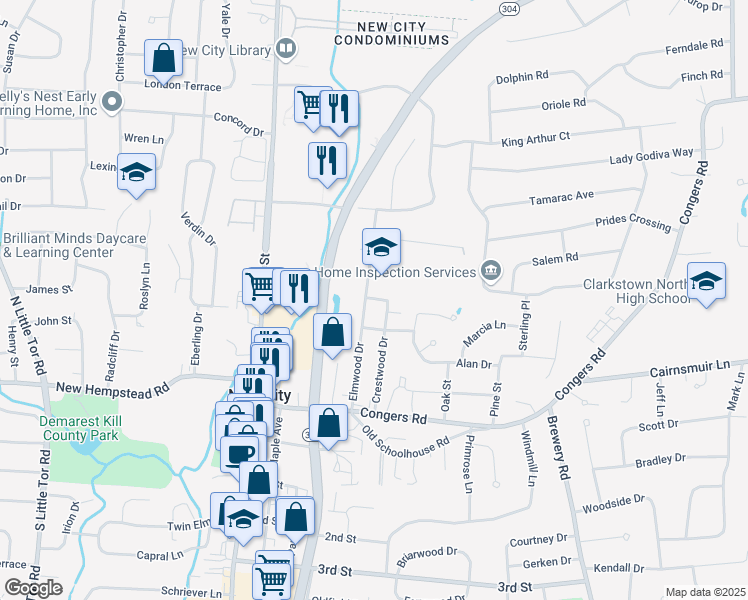 map of restaurants, bars, coffee shops, grocery stores, and more near 60 Crestwood Drive in New City