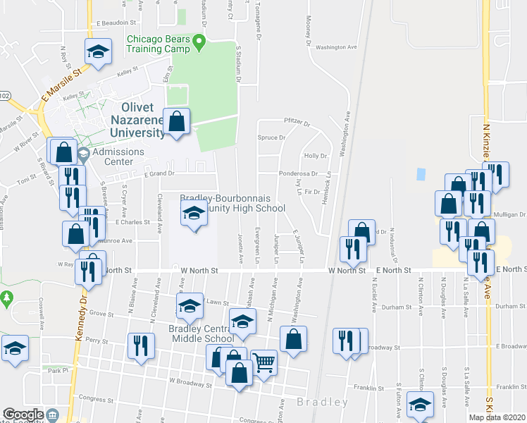 map of restaurants, bars, coffee shops, grocery stores, and more near 553 Juniper Lane in Bradley