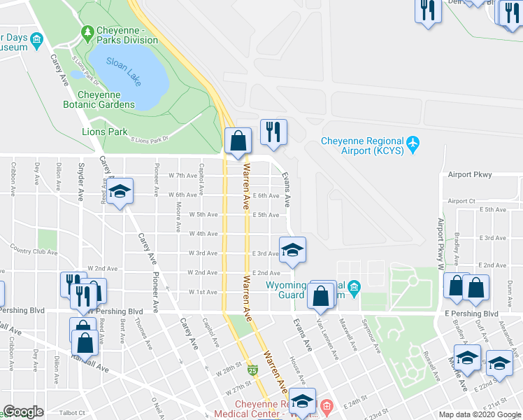map of restaurants, bars, coffee shops, grocery stores, and more near 216 East 5th Avenue in Cheyenne