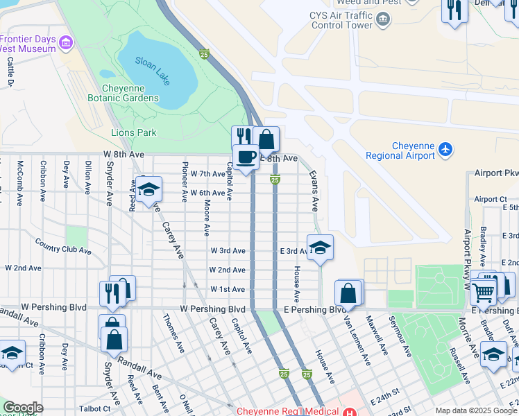 map of restaurants, bars, coffee shops, grocery stores, and more near 3814 Warren Avenue in Cheyenne