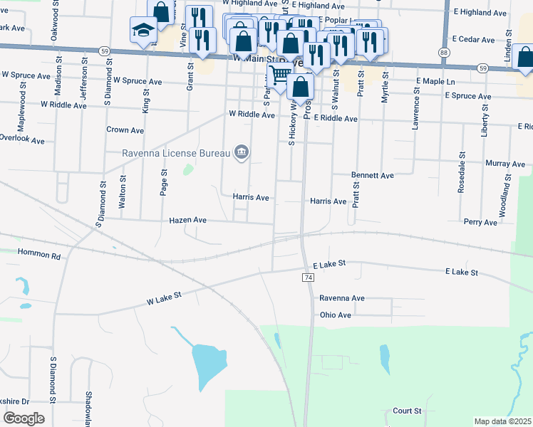 map of restaurants, bars, coffee shops, grocery stores, and more near 221 Harris Street in Kent
