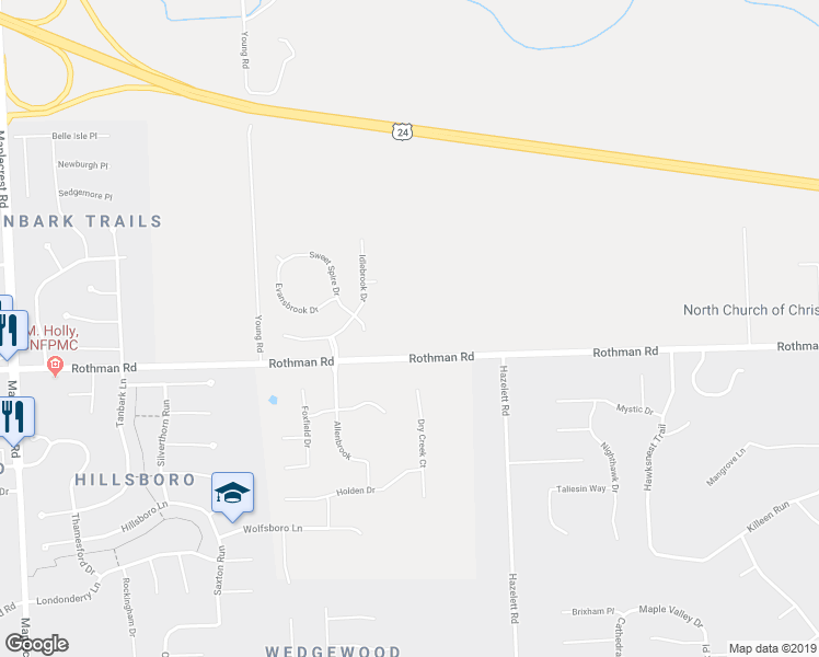 map of restaurants, bars, coffee shops, grocery stores, and more near 7701 Rothman Road in Fort Wayne