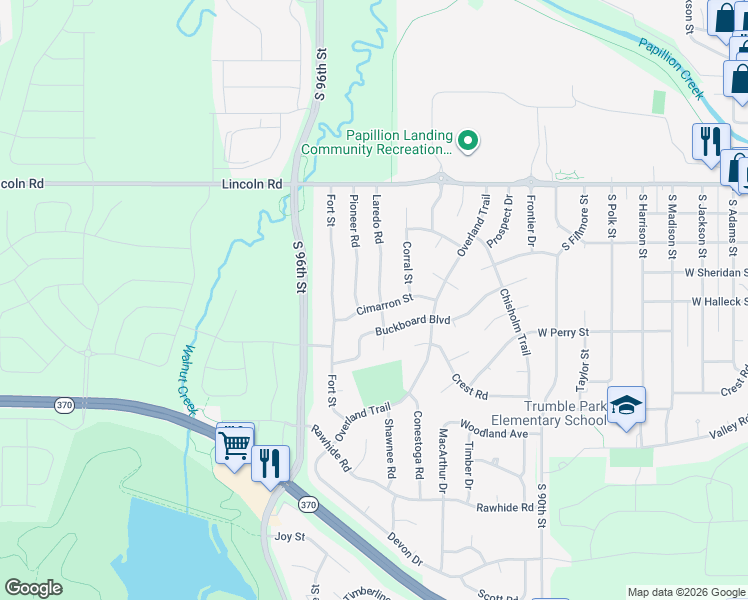 map of restaurants, bars, coffee shops, grocery stores, and more near 600 Laredo Road in Papillion