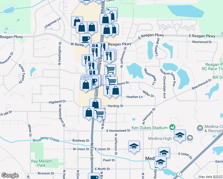 map of restaurants, bars, coffee shops, grocery stores, and more near 870 North Court Street in Medina