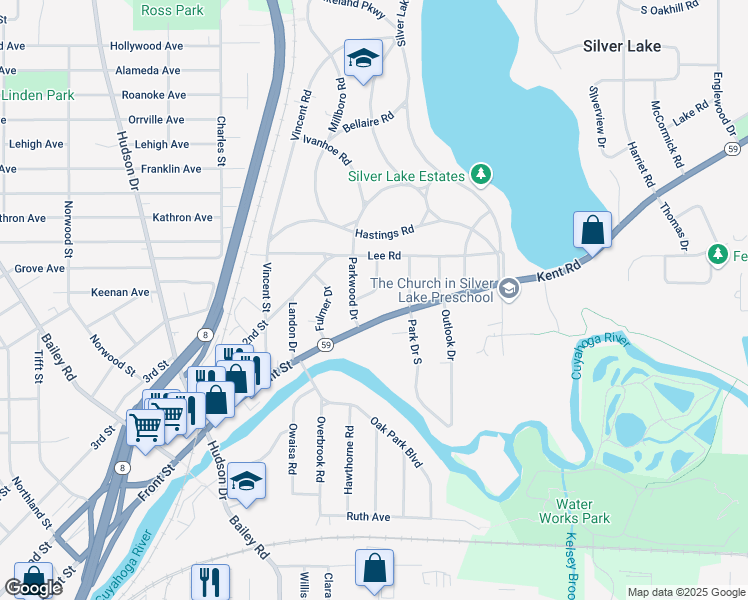 map of restaurants, bars, coffee shops, grocery stores, and more near 2872 Lakewood Drive in Silver Lake