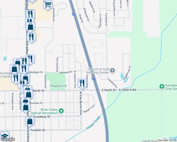 map of restaurants, bars, coffee shops, grocery stores, and more near 544 Pierce Avenue in Bradley
