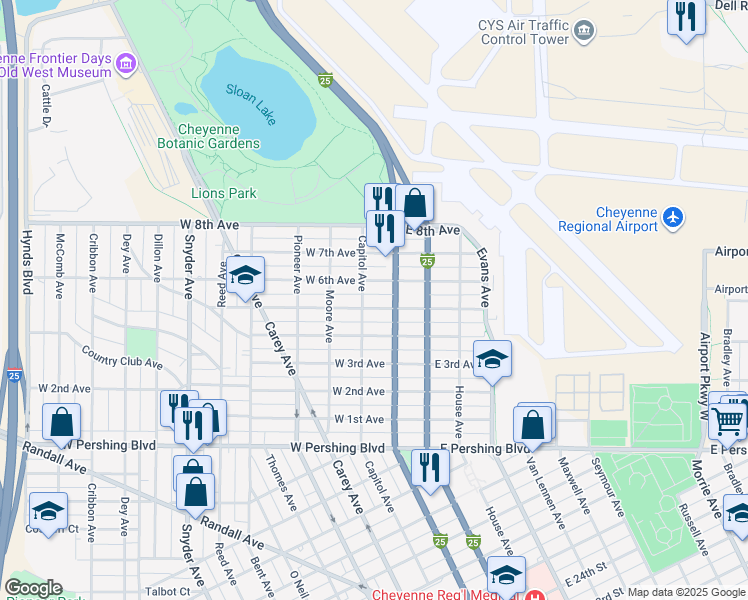 map of restaurants, bars, coffee shops, grocery stores, and more near 3814 Central Avenue in Cheyenne