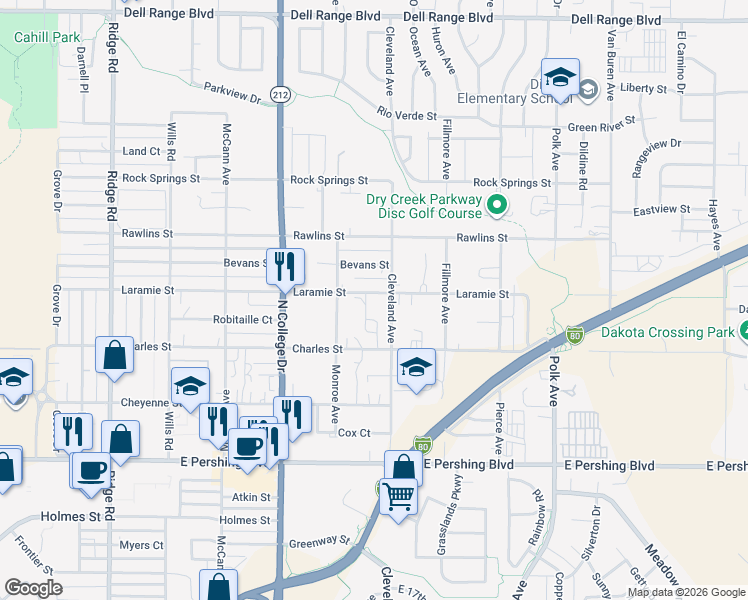 map of restaurants, bars, coffee shops, grocery stores, and more near 4317 Laramie Street in Cheyenne
