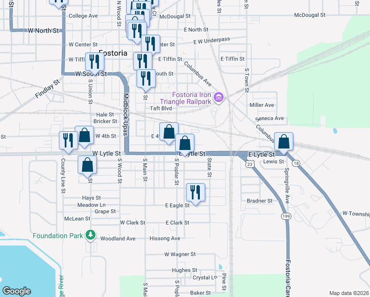 map of restaurants, bars, coffee shops, grocery stores, and more near 206 East 4th Street in Fostoria