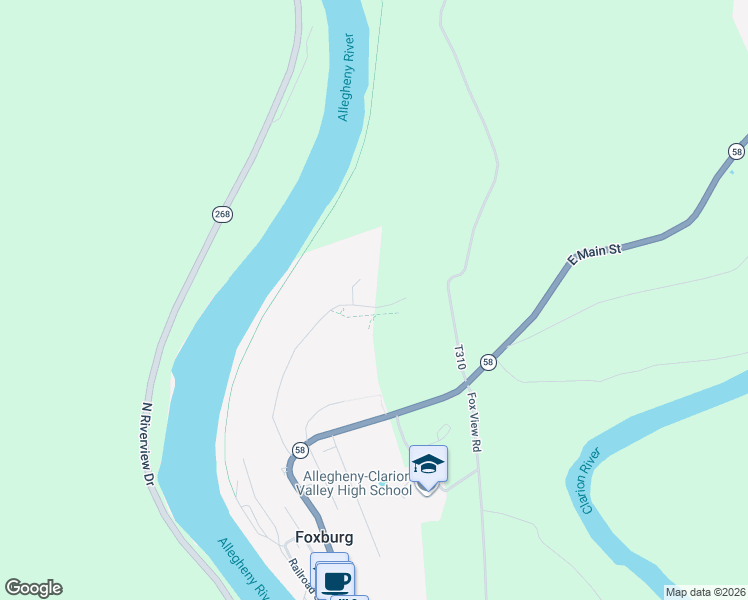map of restaurants, bars, coffee shops, grocery stores, and more near 523 Harvey Road in Foxburg