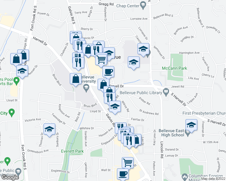 map of restaurants, bars, coffee shops, grocery stores, and more near 1019 Fairfax Road in Bellevue