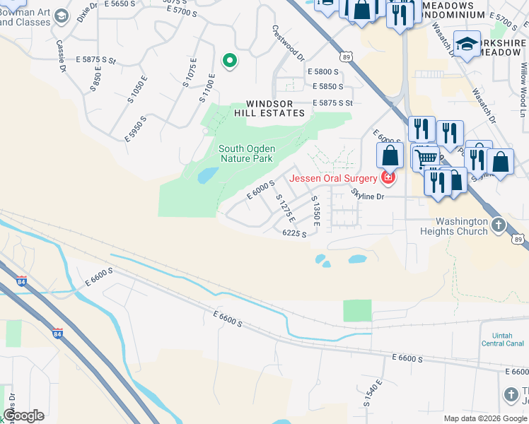 map of restaurants, bars, coffee shops, grocery stores, and more near 6095 1250 East in South Ogden