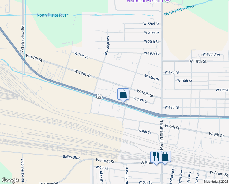 map of restaurants, bars, coffee shops, grocery stores, and more near 3099 West 13th Street in North Platte