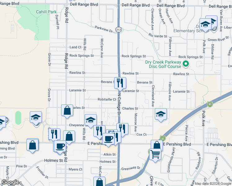 map of restaurants, bars, coffee shops, grocery stores, and more near 3923 Laramie Street in Cheyenne
