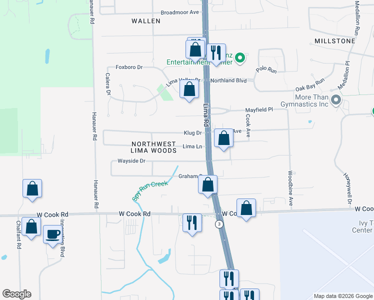 map of restaurants, bars, coffee shops, grocery stores, and more near 1825 Lima Ln in Fort Wayne