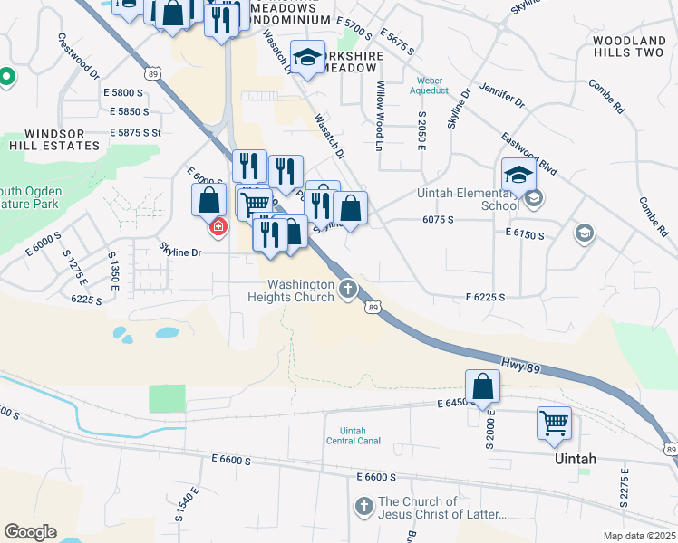 map of restaurants, bars, coffee shops, grocery stores, and more near 1865 Skyline Drive in South Ogden