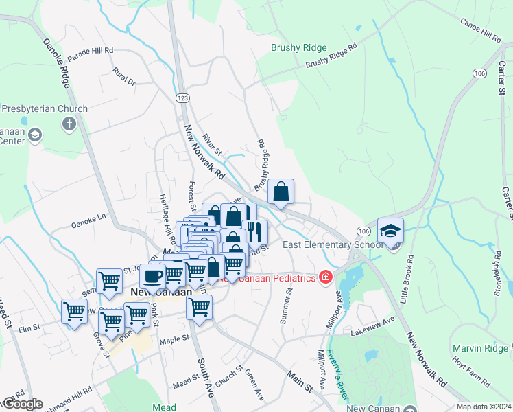 map of restaurants, bars, coffee shops, grocery stores, and more near 14 Summer Street in New Canaan