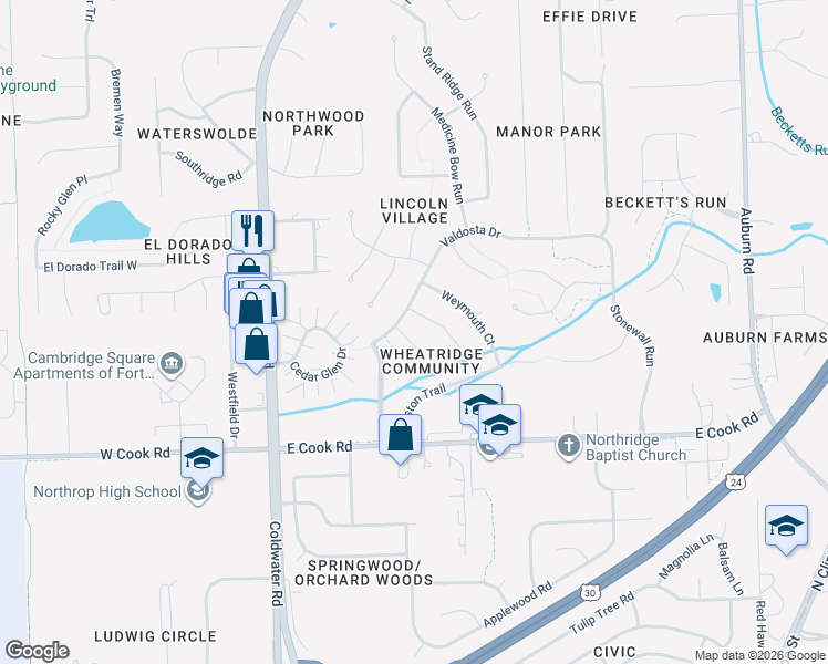 map of restaurants, bars, coffee shops, grocery stores, and more near 7815 Tendall Ct in Fort Wayne