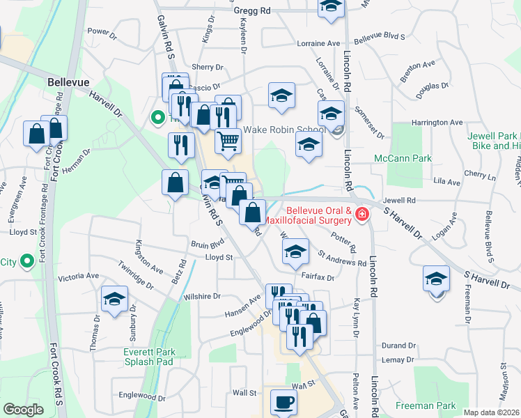 map of restaurants, bars, coffee shops, grocery stores, and more near 1015-1021 Fairfax Road in Bellevue