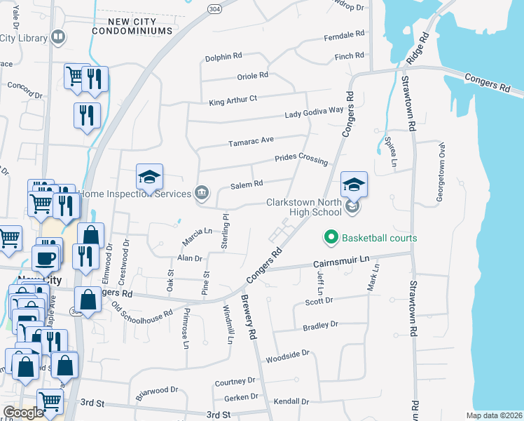 map of restaurants, bars, coffee shops, grocery stores, and more near 17 Long Meadow Dr in New City