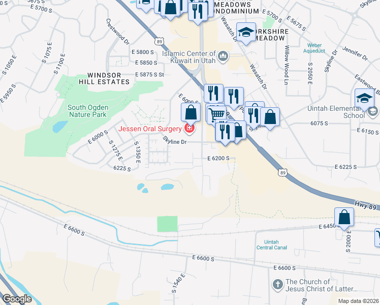 map of restaurants, bars, coffee shops, grocery stores, and more near 6171 South 1525 East in South Ogden