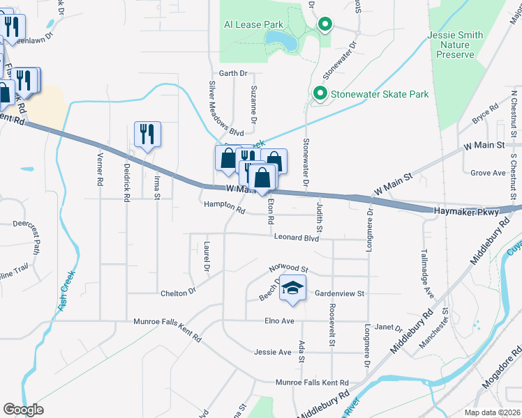 map of restaurants, bars, coffee shops, grocery stores, and more near 1152 West Main Street in Kent
