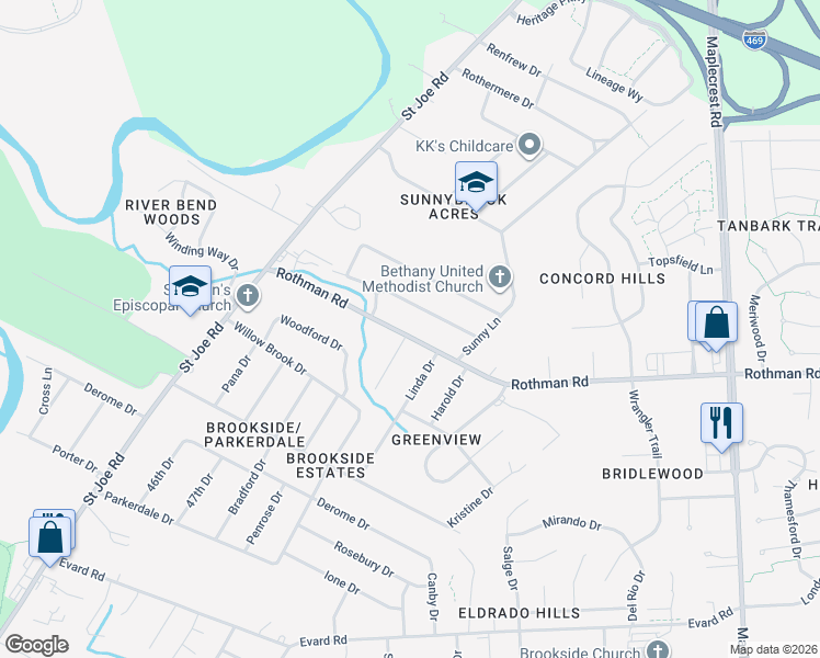 map of restaurants, bars, coffee shops, grocery stores, and more near 5209 Rothman Road in Fort Wayne