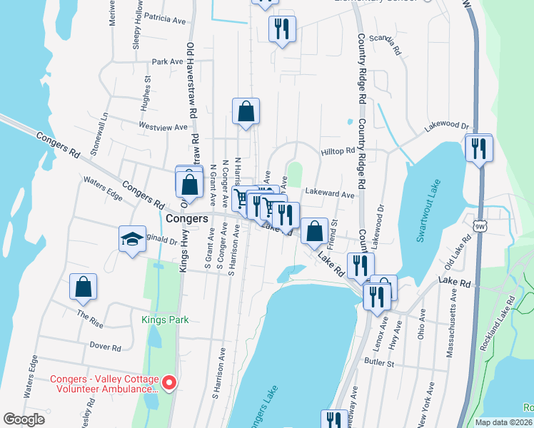 map of restaurants, bars, coffee shops, grocery stores, and more near 10 Burnside Avenue in Congers