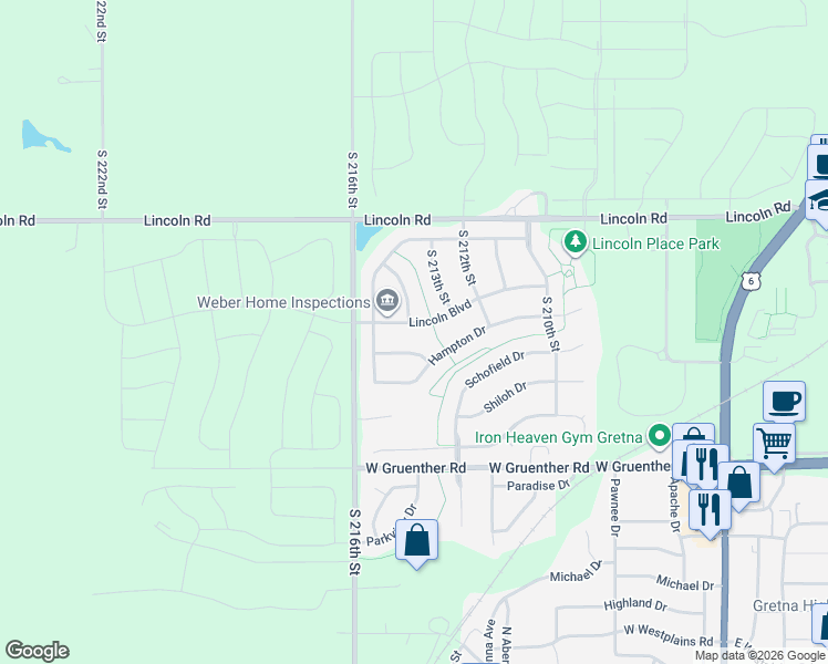 map of restaurants, bars, coffee shops, grocery stores, and more near 21315 Lincoln Boulevard in Gretna