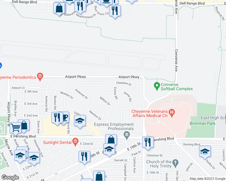 map of restaurants, bars, coffee shops, grocery stores, and more near 3700 Essex Road in Cheyenne