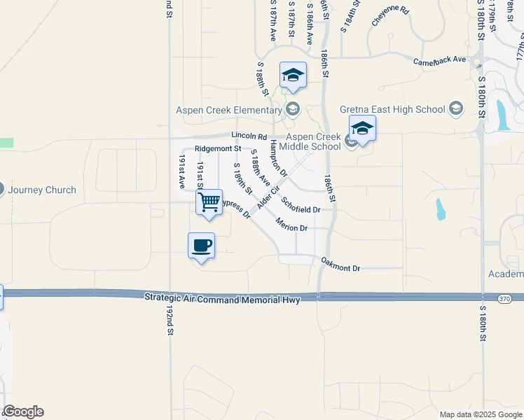 map of restaurants, bars, coffee shops, grocery stores, and more near 18907 Alder Drive in Omaha