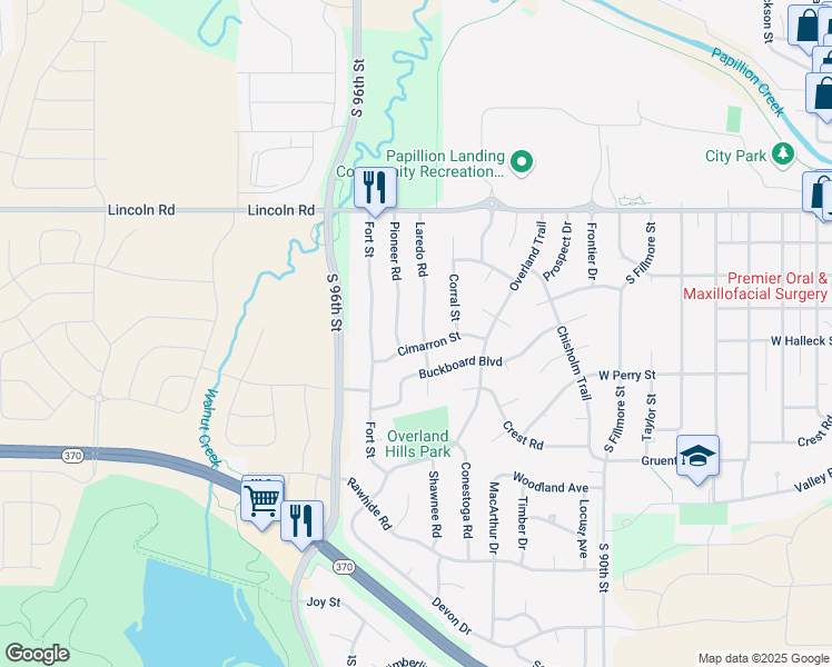 map of restaurants, bars, coffee shops, grocery stores, and more near 600 Laredo Road in Papillion
