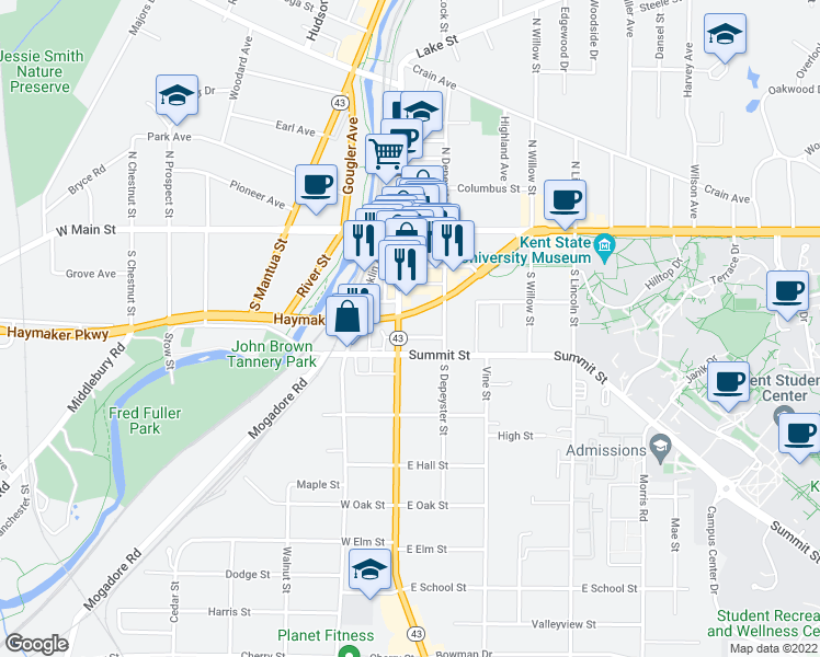map of restaurants, bars, coffee shops, grocery stores, and more near 319 South Water Street in Kent