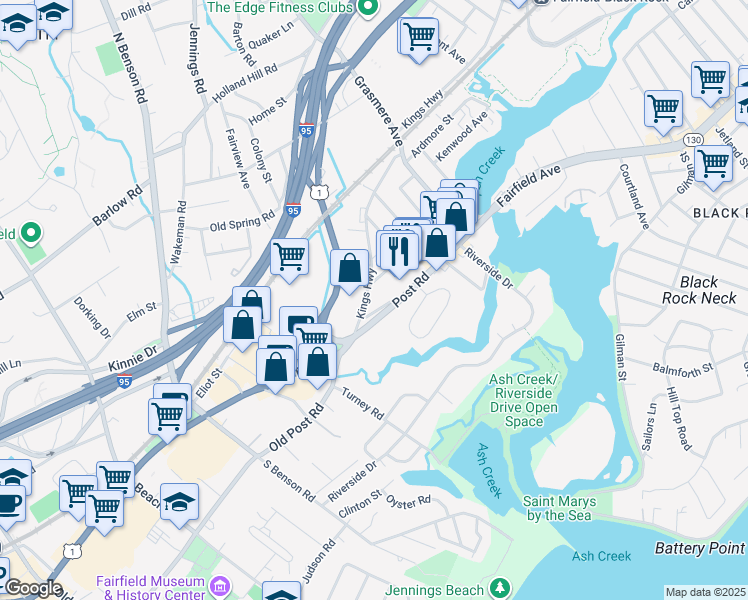 map of restaurants, bars, coffee shops, grocery stores, and more near 340 Post Road in Fairfield