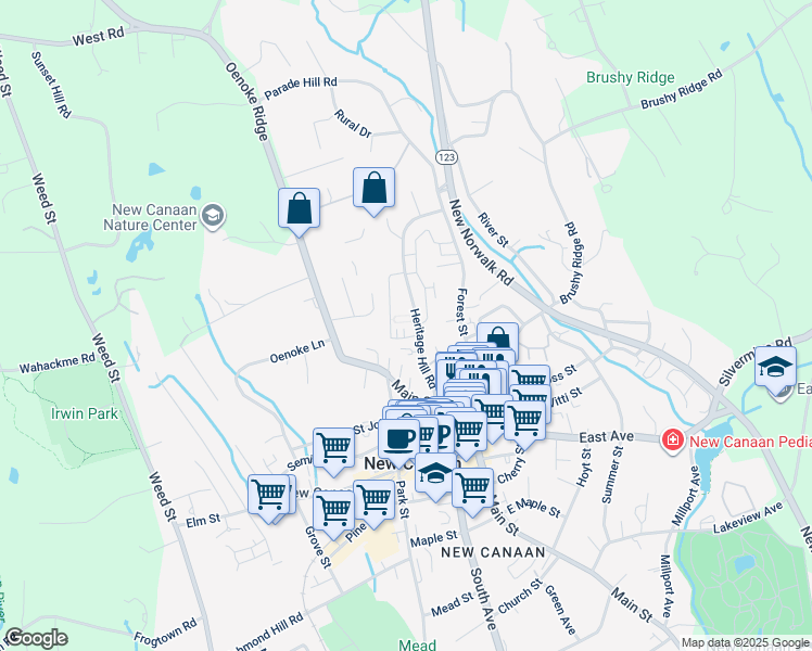 map of restaurants, bars, coffee shops, grocery stores, and more near 64 Heritage Hill Road in New Canaan