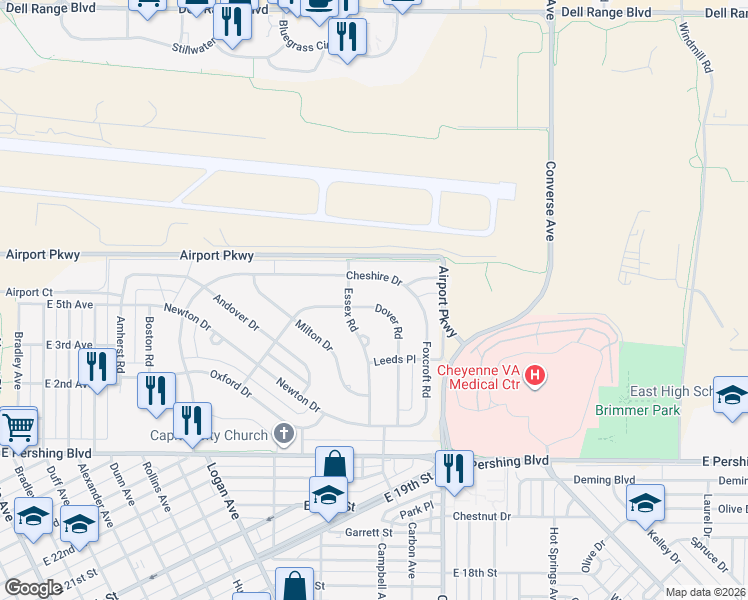 map of restaurants, bars, coffee shops, grocery stores, and more near 3671 Dover Road in Cheyenne