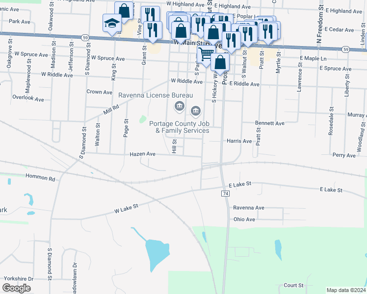 map of restaurants, bars, coffee shops, grocery stores, and more near 625 South Meridian Street in Ravenna