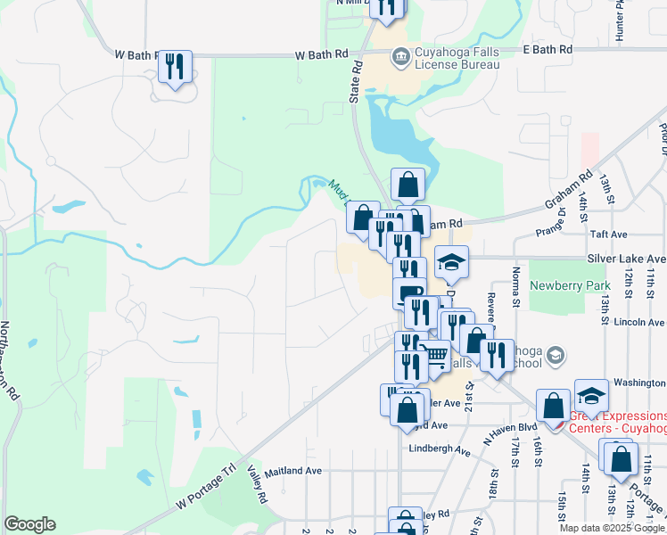 map of restaurants, bars, coffee shops, grocery stores, and more near 2906 Burnham Jump Drive in Cuyahoga Falls
