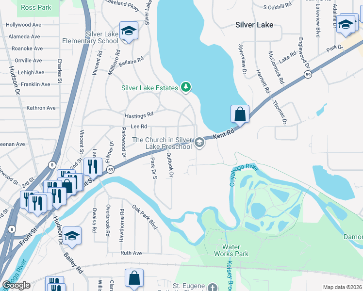 map of restaurants, bars, coffee shops, grocery stores, and more near 2930 Ohio 59 in Silver Lake