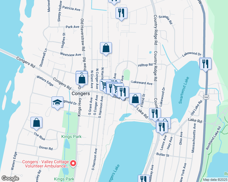 map of restaurants, bars, coffee shops, grocery stores, and more near 8 Burnside Avenue in Congers