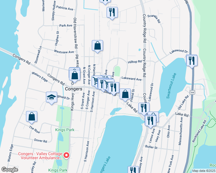 map of restaurants, bars, coffee shops, grocery stores, and more near 8 Burnside Avenue in Congers
