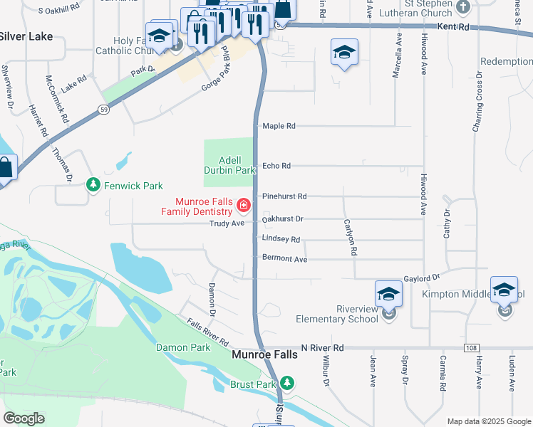 map of restaurants, bars, coffee shops, grocery stores, and more near 28 Oakhurst Drive in Munroe Falls
