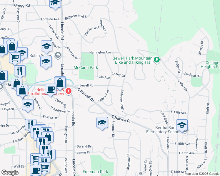 map of restaurants, bars, coffee shops, grocery stores, and more near 705 Jewell Road in Bellevue