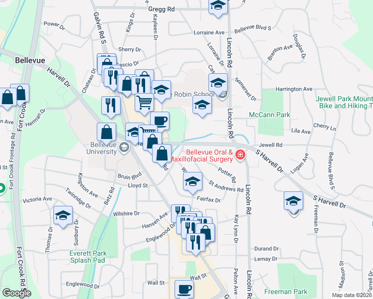 map of restaurants, bars, coffee shops, grocery stores, and more near 1003 Birchcrest Road in Bellevue