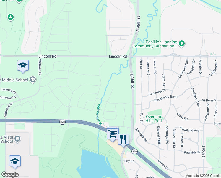 map of restaurants, bars, coffee shops, grocery stores, and more near West Papio Trail in Papillion