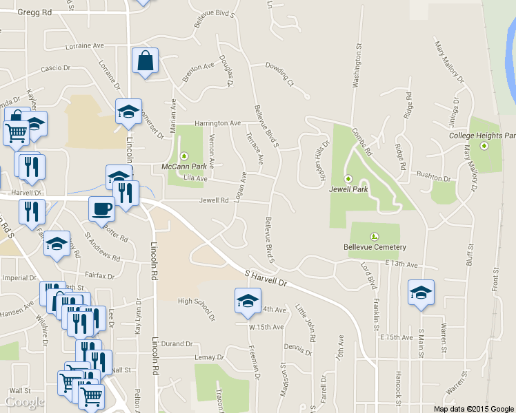 map of restaurants, bars, coffee shops, grocery stores, and more near 603 Jewell Rd in Bellevue