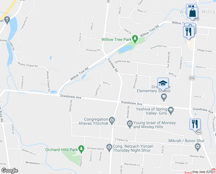 map of restaurants, bars, coffee shops, grocery stores, and more near 4 Suhl Lane in Monsey