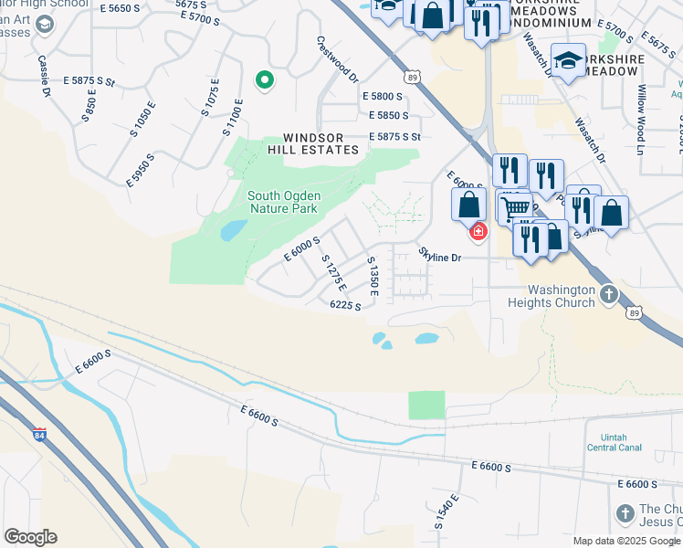 map of restaurants, bars, coffee shops, grocery stores, and more near 1288 East 6125 South in South Ogden