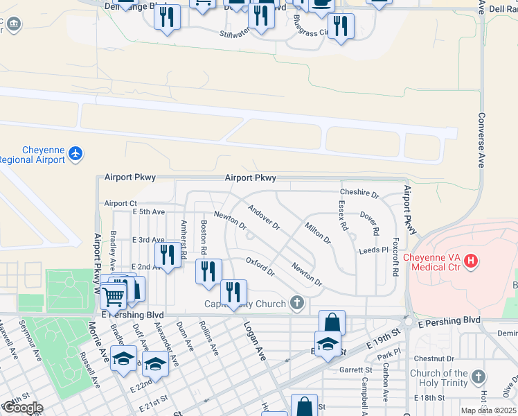 map of restaurants, bars, coffee shops, grocery stores, and more near 1728 Andover Drive in Cheyenne
